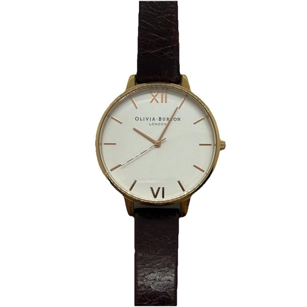 Olivia Burton Sunray Watch Women Rose Gold Tone Brown Leather Band White Face